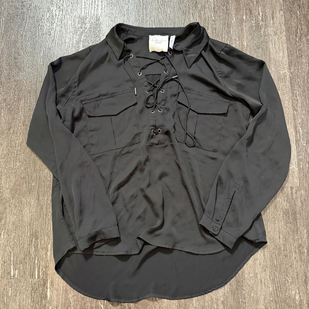 L'Academie Blouse Size M Black Lace Up V-Neck Long Sleeve Utility Satin Top